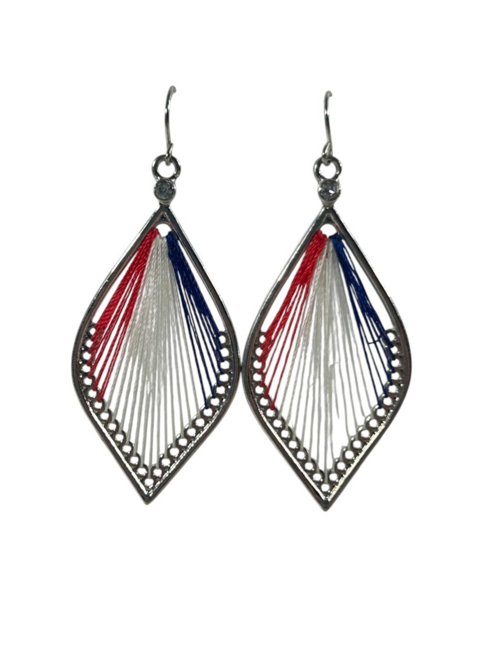 Patriotic Red White Blue Earrings Thread String Art Teardrop Dangle 4th Of July